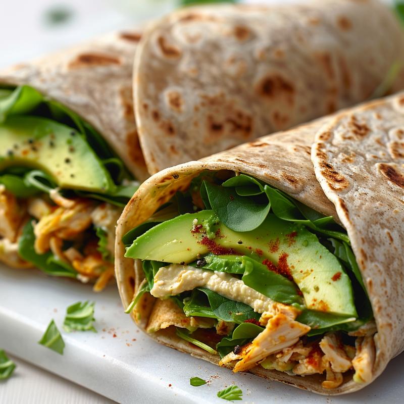 Close-up of sliced cold wraps showing fillings like avocado, greens, and protein.
