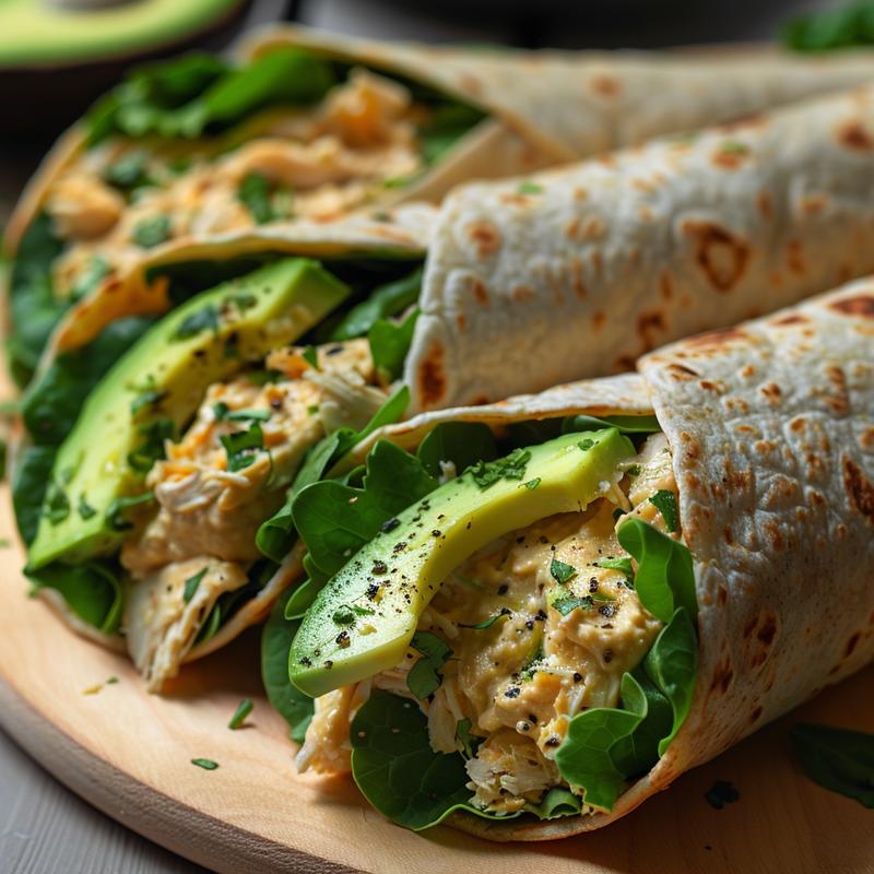 Close-up of vibrant, colorful cold wraps on a light wood board.
