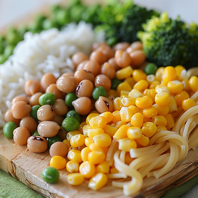 Close-up of budget grocery staples: eggs, canned beans, rice, pasta, and frozen vegetables.