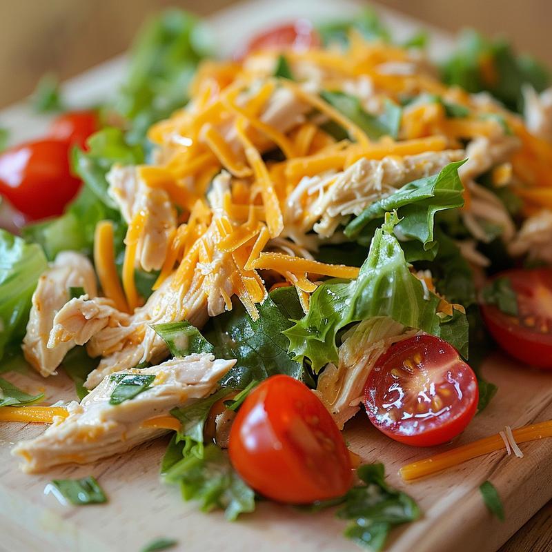 Close-up of chicken salad with visible cheese, tomatoes, and lettuce.