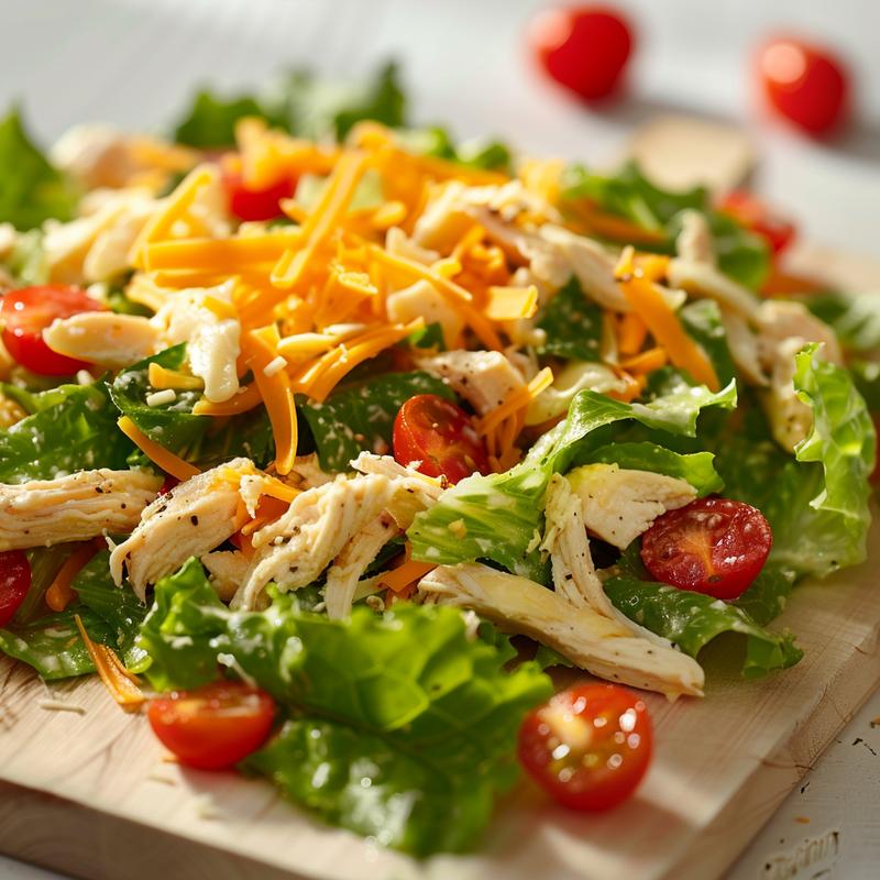 Close-up of high protein cheese chicken salad with chicken, cheddar, mozzarella, romaine, and tomatoes on wood.