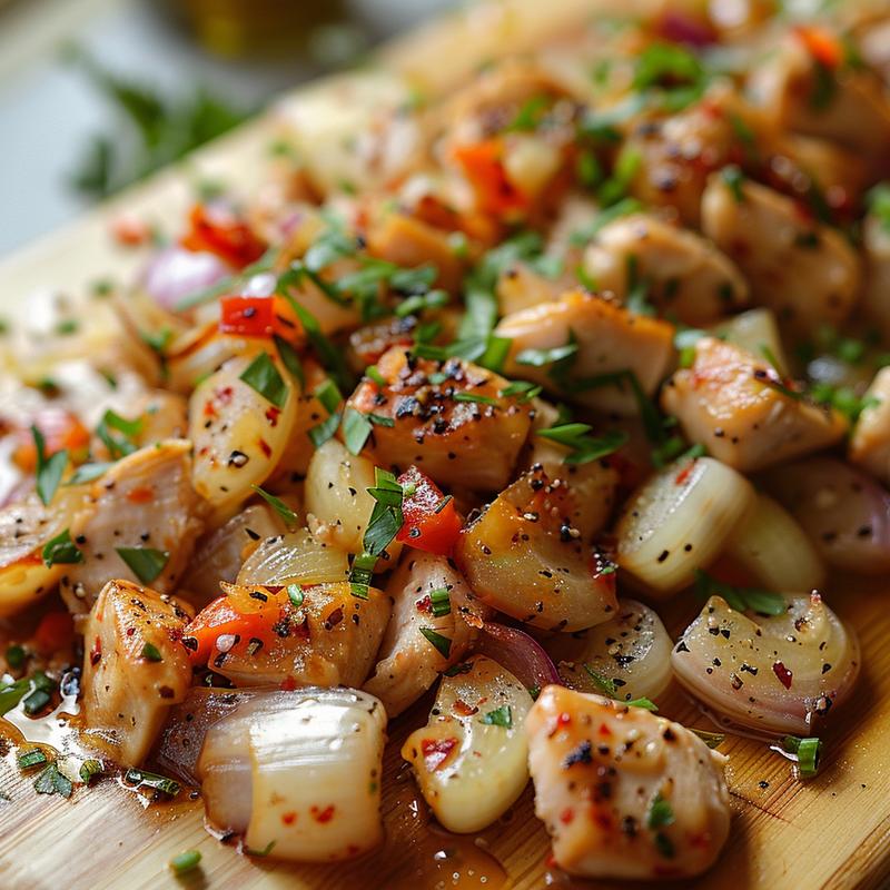 Close-up of a chicken and vegetable stir-fry on a wooden board.