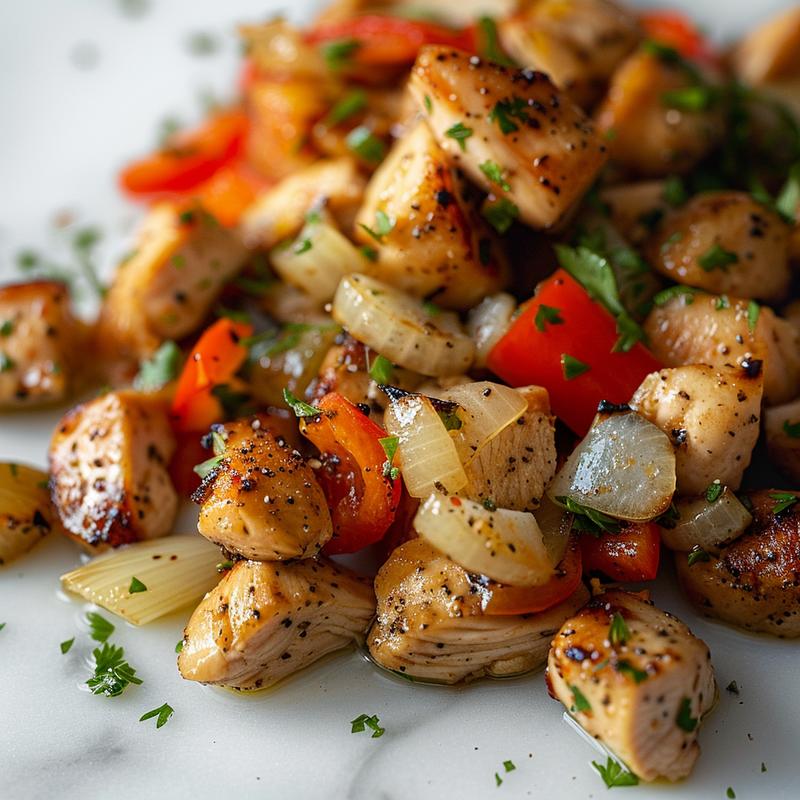 Close-up of chicken and vegetables in a savory sauce on a white marble surface.