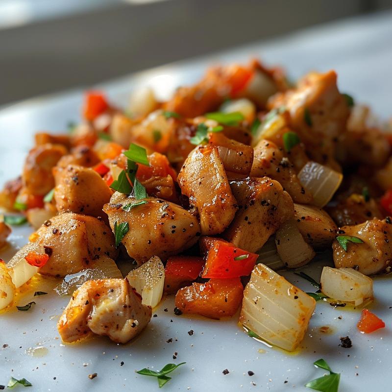 Close-up of a vibrant chicken and vegetable dish with visible ingredients on a white marble surface.