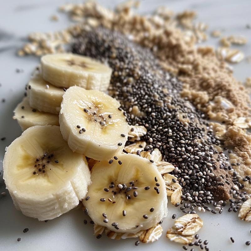 Close-up of oatmeal with banana, almond butter, chia seeds on marble.