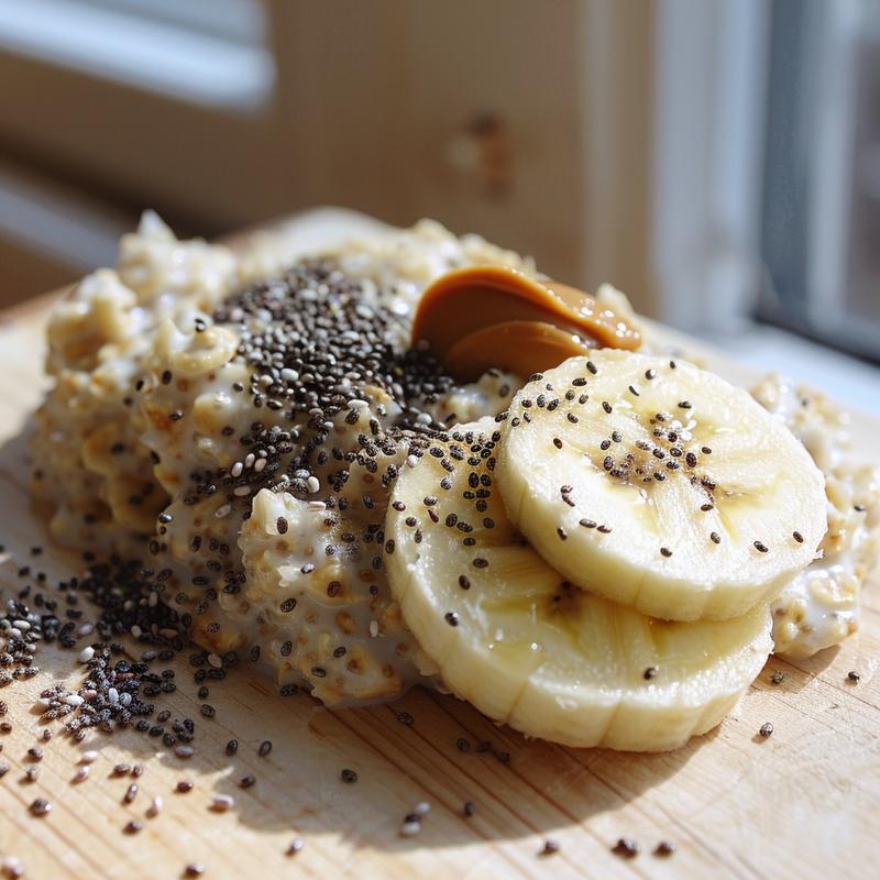 Close-up of oatmeal with banana slices, almond butter, and chia seeds on a light wood surface.