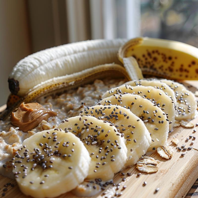Close-up of oatmeal with sliced banana, almond butter, chia seeds, and almond milk on a light wood board.