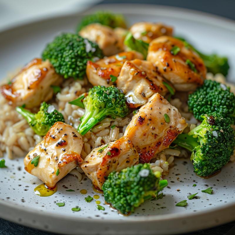 Close-up of a meal prep dish with chicken, broccoli, and brown rice on a light grey plate.
