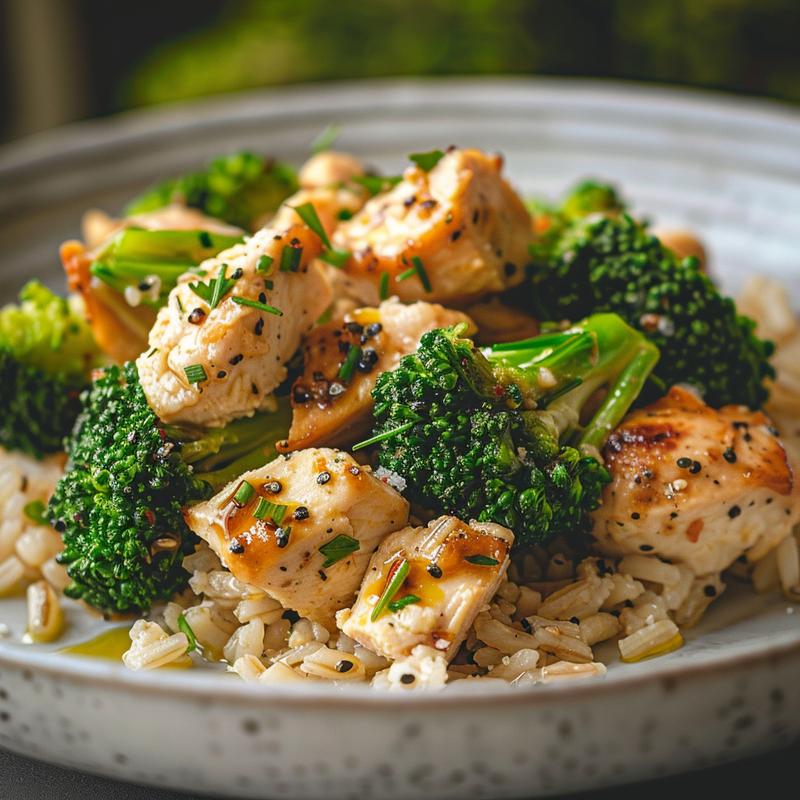 Close-up of prepared chicken, rice, and broccoli on a plate.