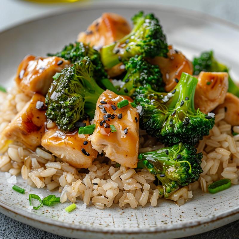 Chicken, rice, and broccoli on a plate.