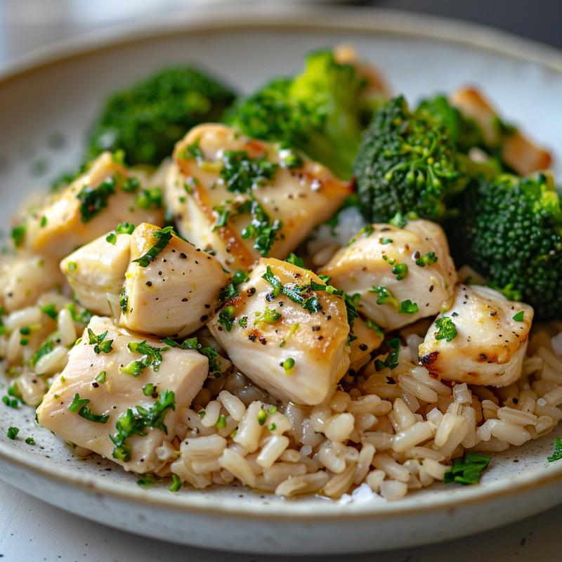 Close up of prepared chicken, rice and broccoli on a plate.