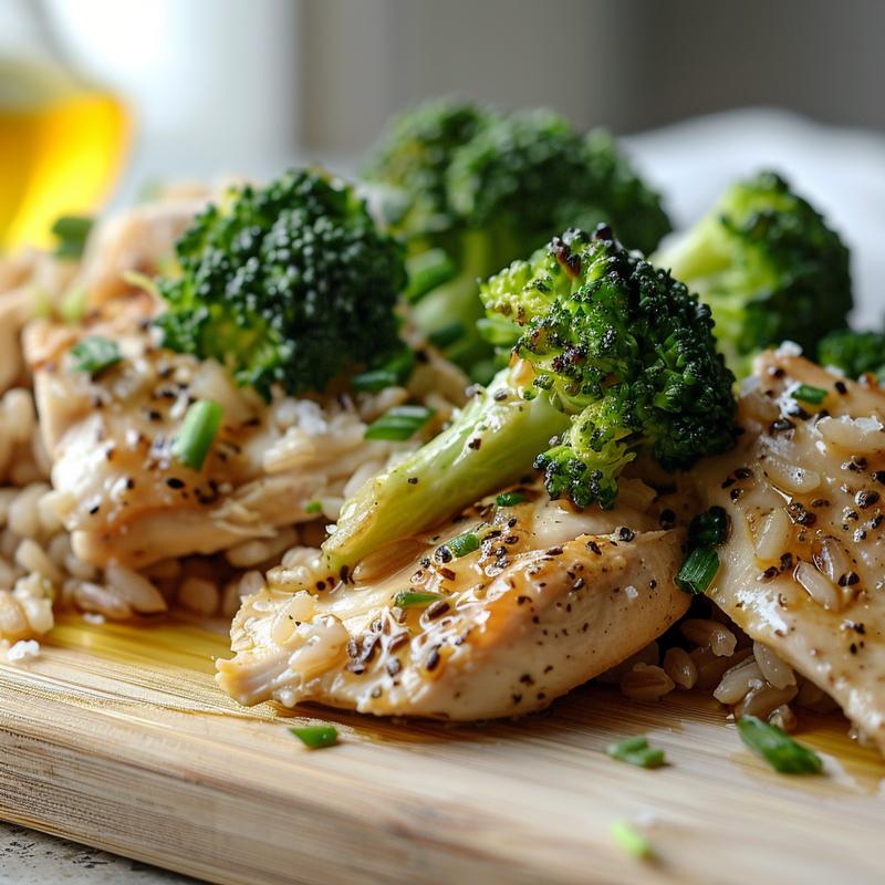 Close-up of chicken, rice, and broccoli meal prep on wood.