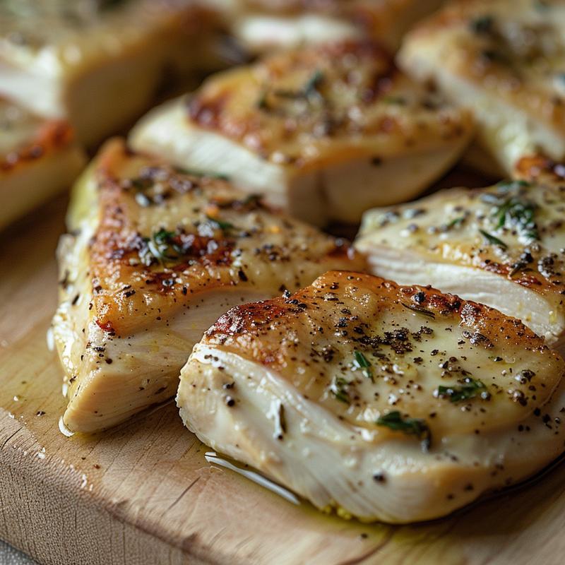 Close-up of creamy Tuscan chicken on a light wood board.