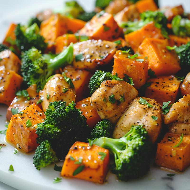 Close-up of cooked chicken, broccoli, and sweet potatoes on marble.