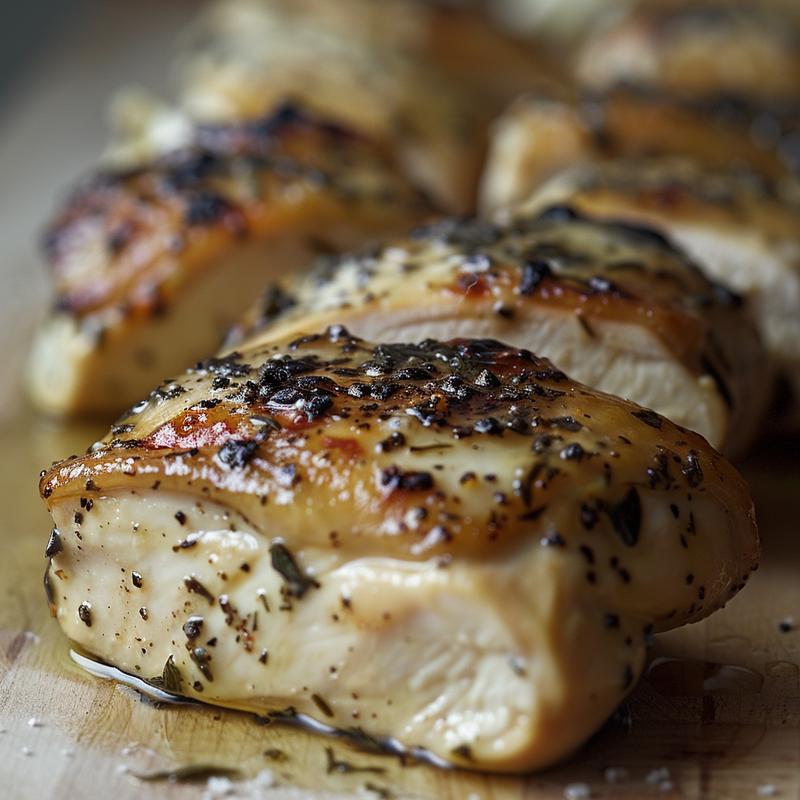 Close-up of creamy Tuscan chicken cutlets on a light wood board.