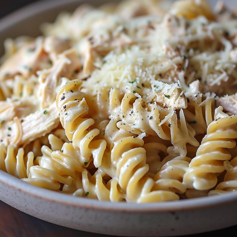 Close-up of creamy chicken pasta on a grey plate.