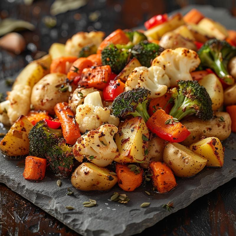 Close-up of roasted vegetables including cauliflower, broccoli, potatoes, peppers, and carrots on a slate plate.