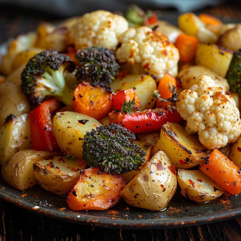 Close-up of roasted vegetables: cauliflower, broccoli, potatoes, peppers, carrots on wood.