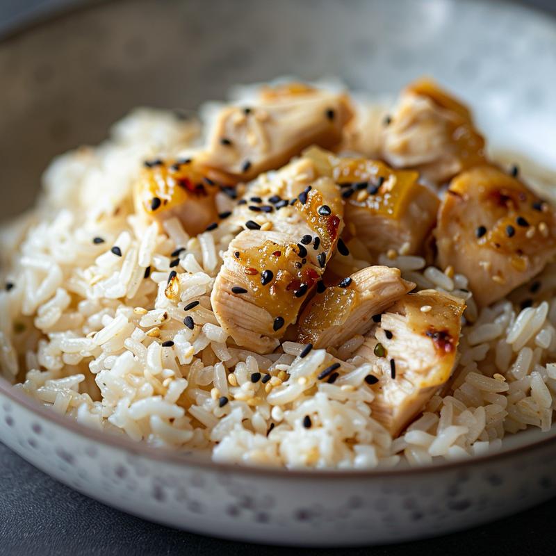 Close-up of a chicken and rice bowl on a gray plate.