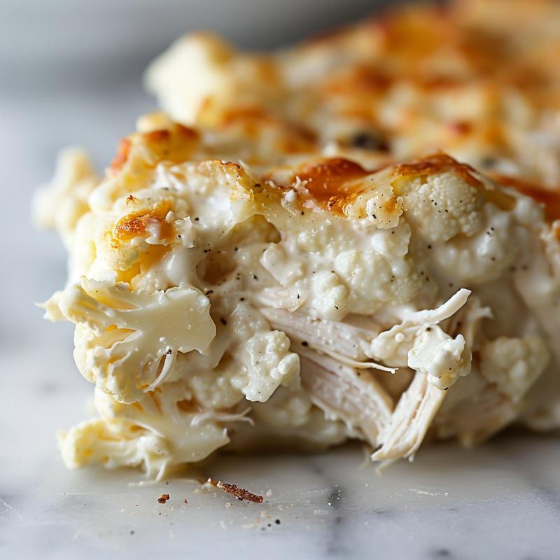 Close-up of creamy chicken casserole with cauliflower, featuring shredded chicken and a marble surface.
