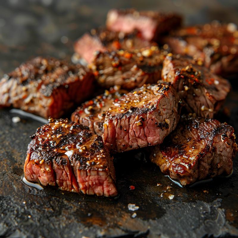 Close-up of a steak bowl with visible steak pieces, olive oil, garlic powder, smoked paprika, and salt.
