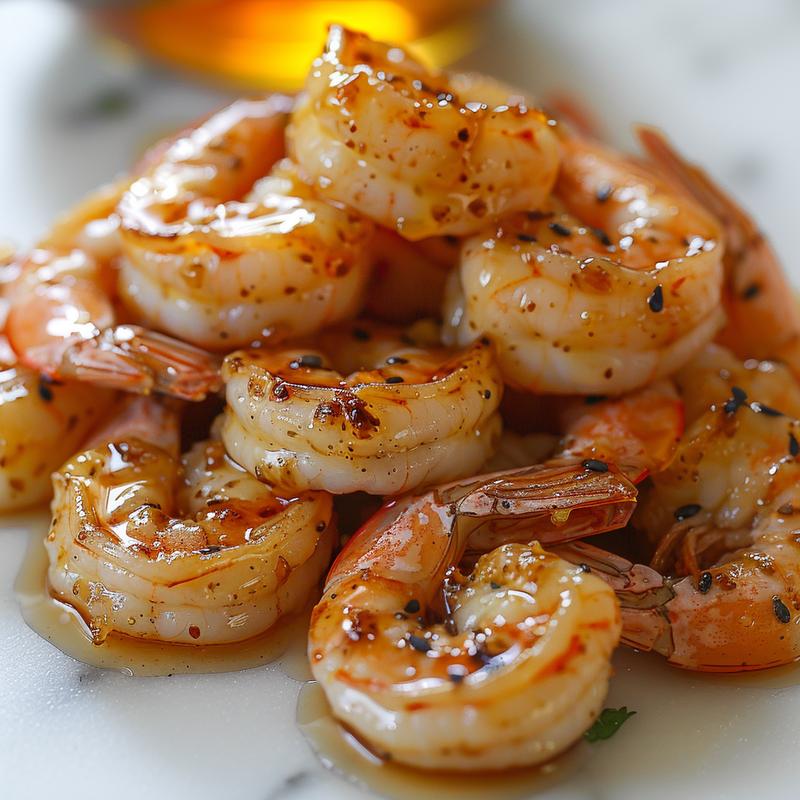 Close-up of glistening honey garlic shrimp on white marble.