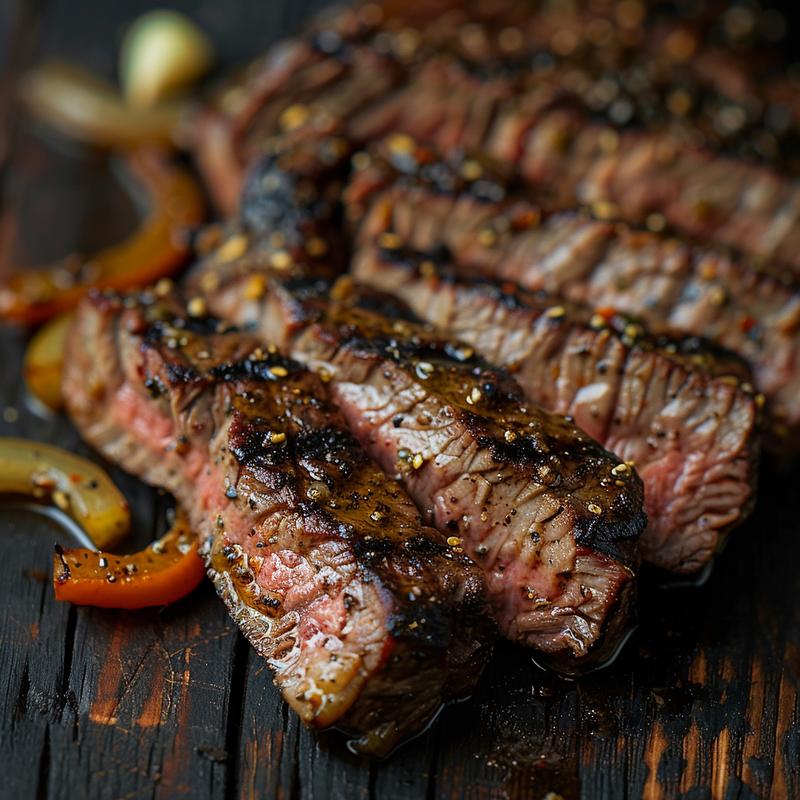 Close-up of keto beef pepper steak with sliced sirloin, bell peppers, and onions on a dark wood table.