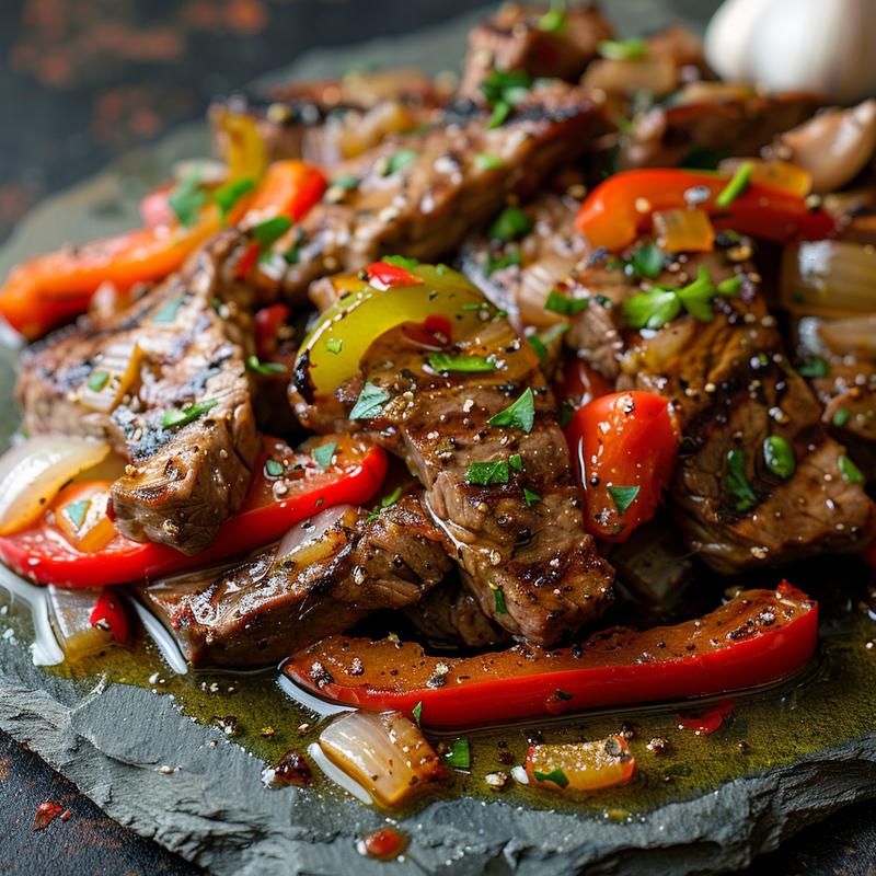 Close-up of keto beef pepper steak on a slate plate.