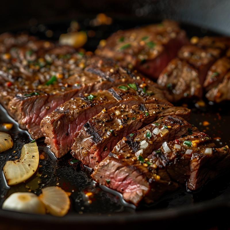 Close-up of keto beef pepper steak with sliced sirloin, peppers, and onions on cast iron.