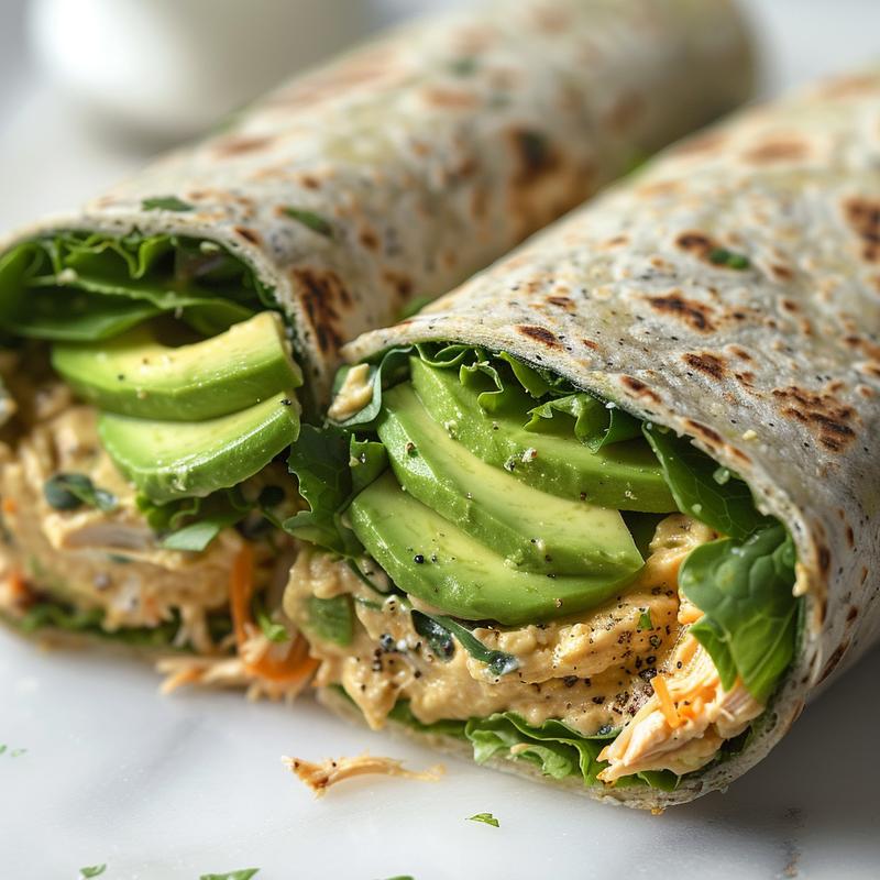 Close-up of sliced cold wraps showing fillings like avocado, greens, and protein.
