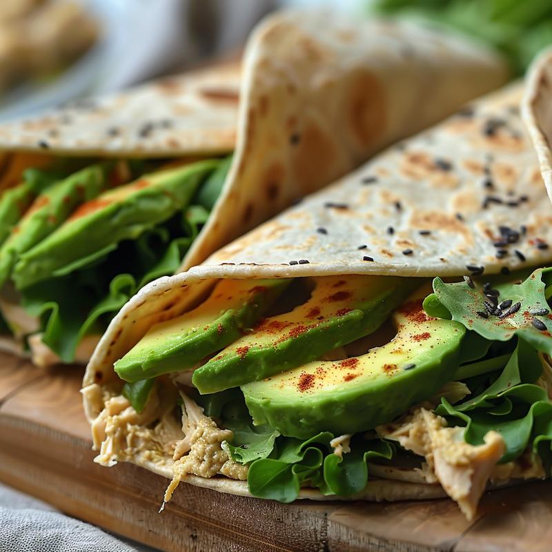 Close-up of vibrant, colorful cold wraps on a light wood board.