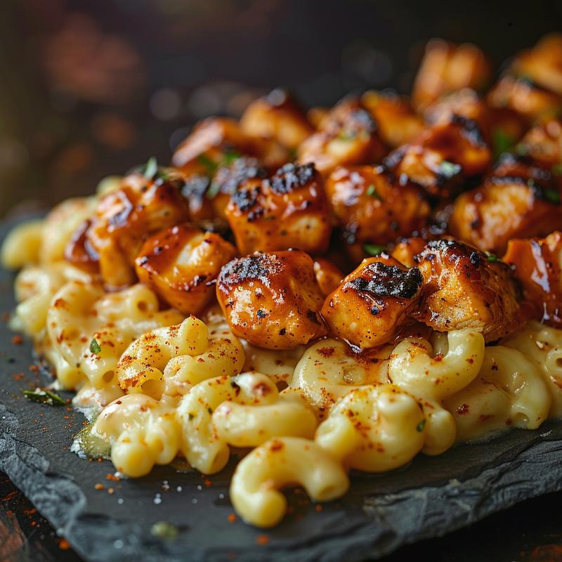 Close-up of honey BBQ chicken mac and cheese.