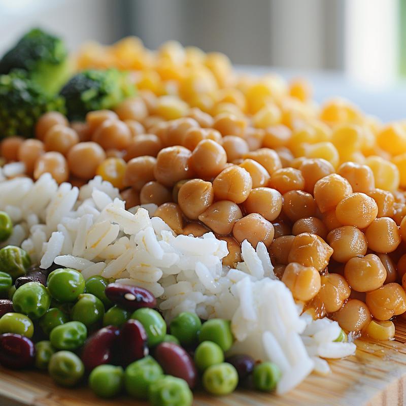 Close-up of budget grocery staples: eggs, canned beans, rice, pasta, and frozen vegetables.