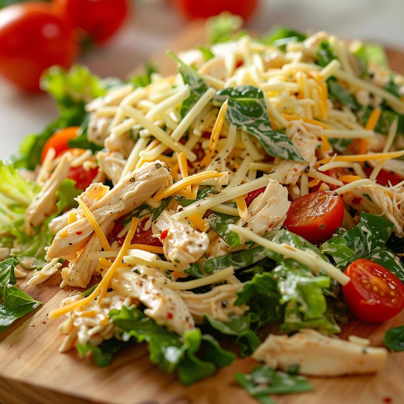 Close-up of chicken salad with visible cheese, tomatoes, and lettuce.