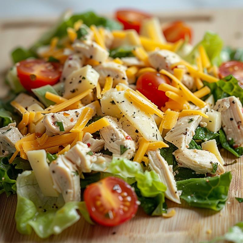 Close-up of high protein cheese chicken salad with chicken, cheddar, mozzarella, romaine, and tomatoes on wood.
