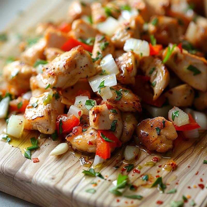 Close-up of a chicken and vegetable stir-fry on a wooden board.