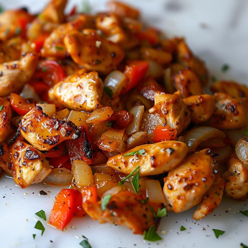 Close-up of chicken and vegetables in a savory sauce on a white marble surface.
