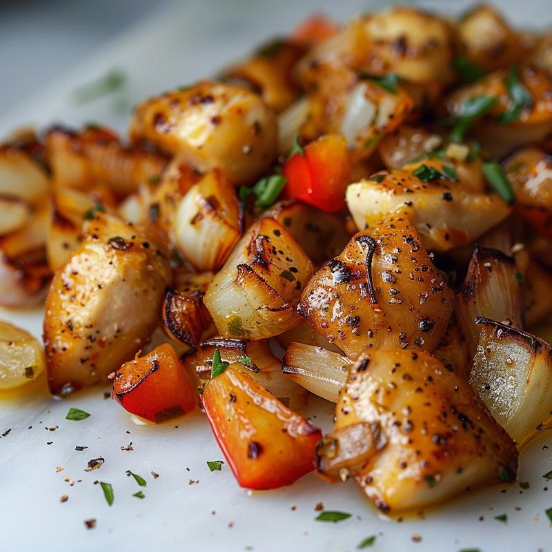 Close-up of a vibrant chicken and vegetable dish with visible ingredients on a white marble surface.