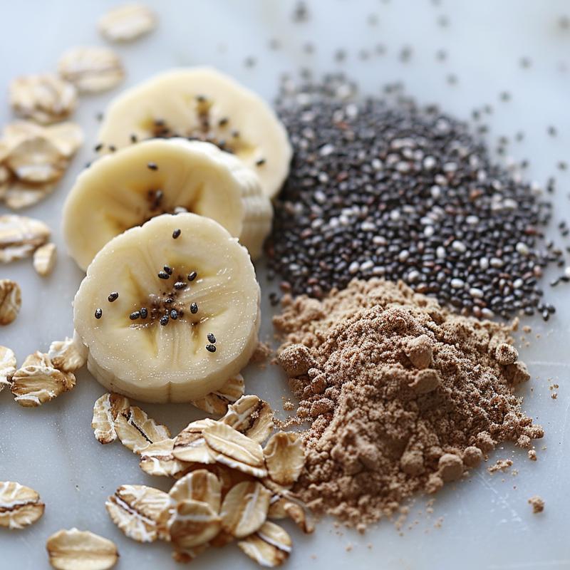 Close-up of oatmeal with banana, almond butter, chia seeds on marble.