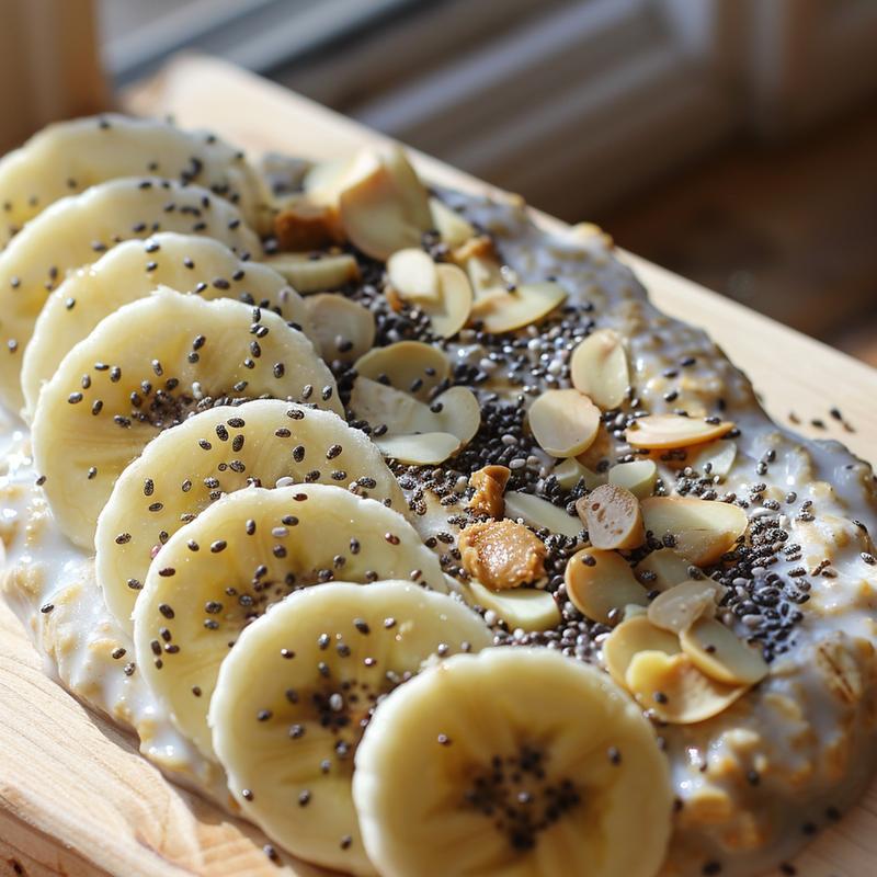 Close-up of oatmeal with banana slices, almond butter, and chia seeds on a light wood surface.