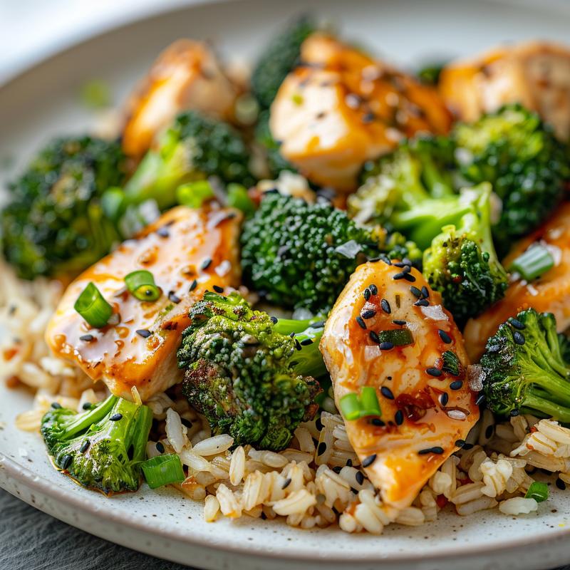 Close-up of prepared chicken, rice, and broccoli on a plate.