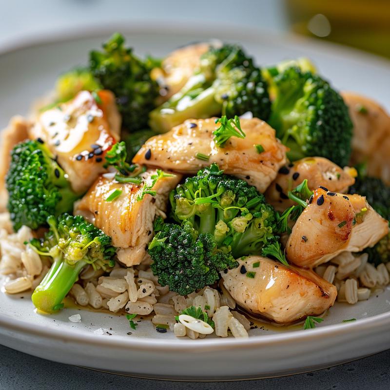 Chicken, rice, and broccoli on a plate.
