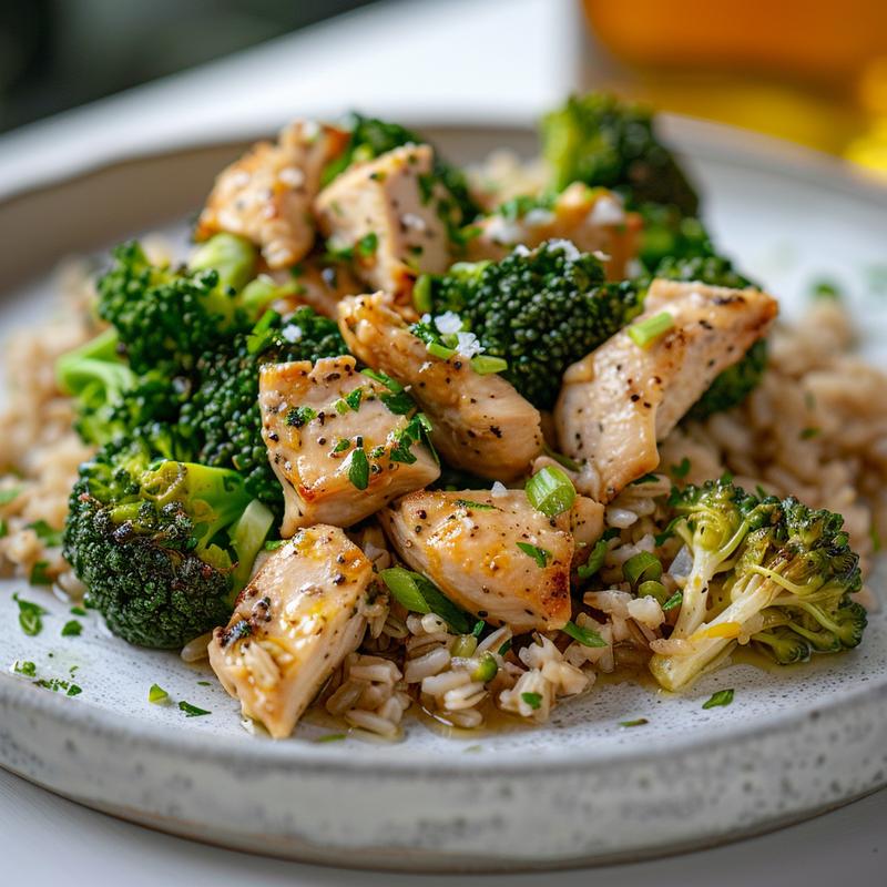 Close up of prepared chicken, rice and broccoli on a plate.