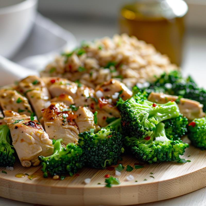 Close-up of chicken, rice, and broccoli meal prep on wood.