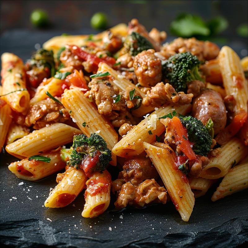 Close-up of chicken sausage pasta with vegetables and Parmesan on a dark surface.